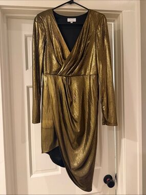 RYSE The Label Metallic Gold Asymmetric Wrap Cocktail Dress
